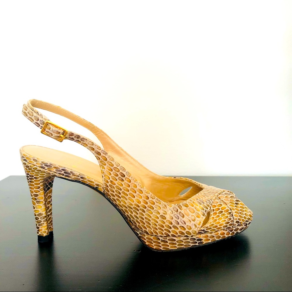 Stuart Weitzman Tan Snakeskin Slingback Peep-Toe Heels